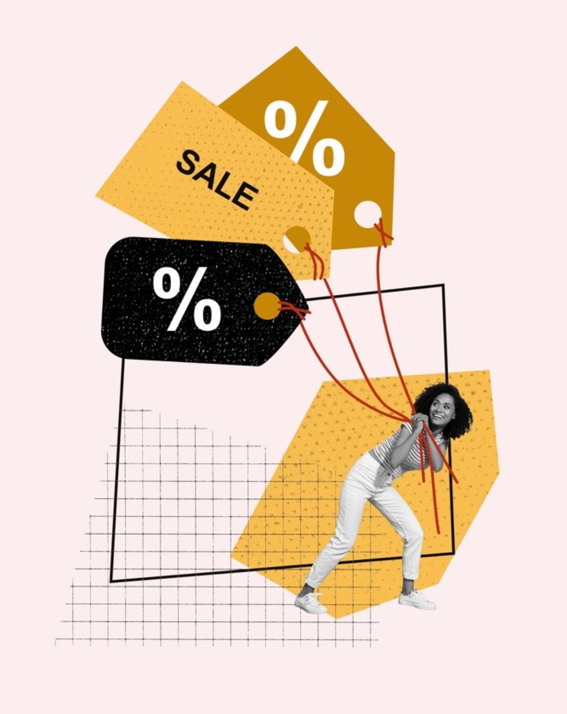 a woman holds a sale tag sign that reads 'sale'