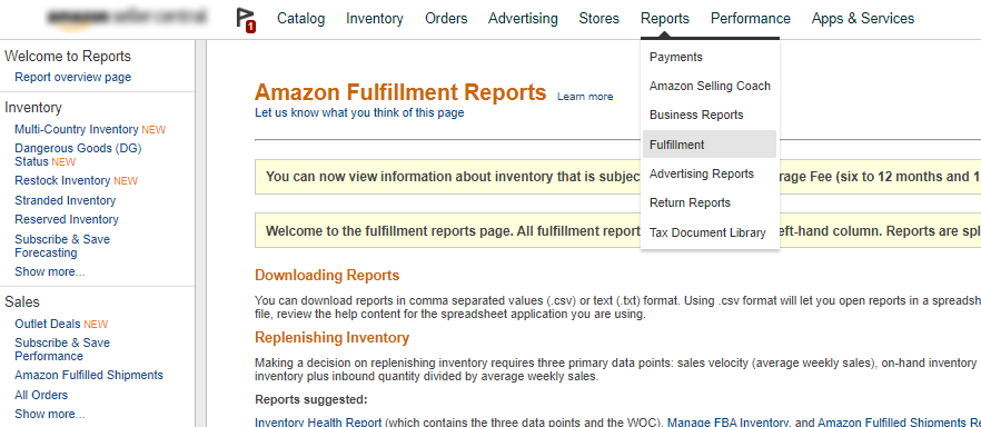 Amazon FulFillment reports step 1