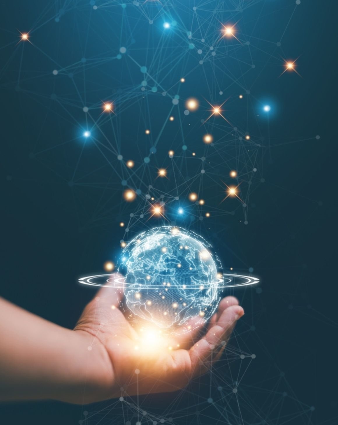 a hand holding a globe featuring network lines and dots
